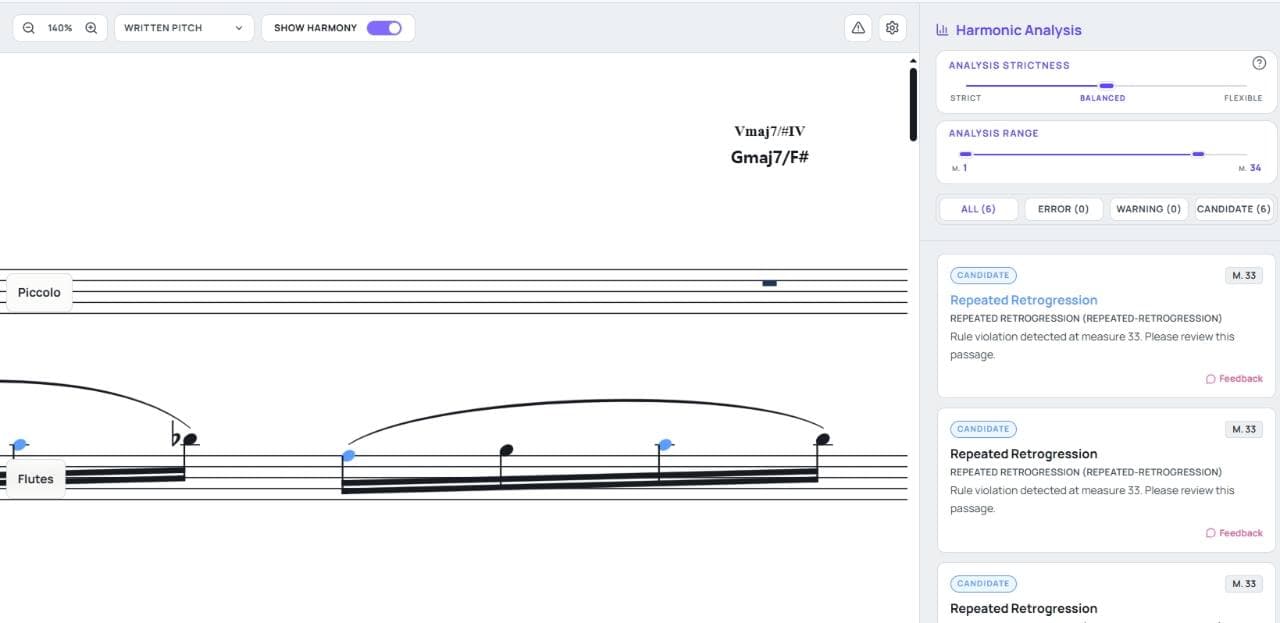 Example score with harmony review findings